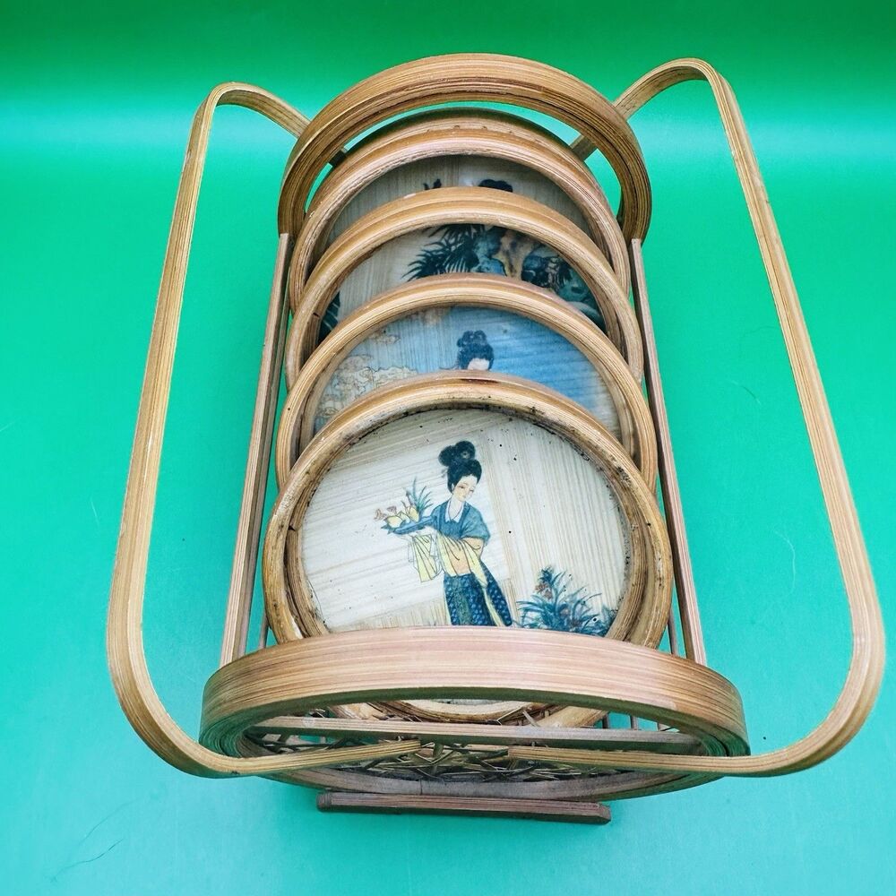 Vintage MCM Bamboo Coaster Set Clear Resin Asian Chinese Goddess Tiki Bar  Caddy